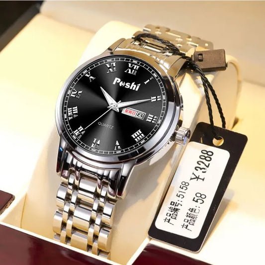 POSHI Stainless Steel Quartz Wrist Watch for Man Luxury Week Date Display Luminous Bracelet Fashion Men's Watch Original Clock
